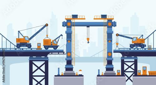 Construction Cranes Building a Large Bridge Structure.