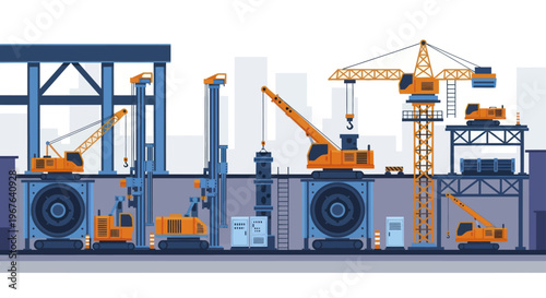 Construction Site with Cranes and Heavy Machinery.