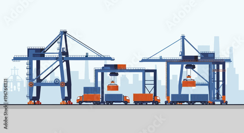 Industrial Cranes Loading Cargo Containers onto Trucks at a Port.