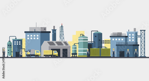 Industrial factory complex with various buildings and machinery.