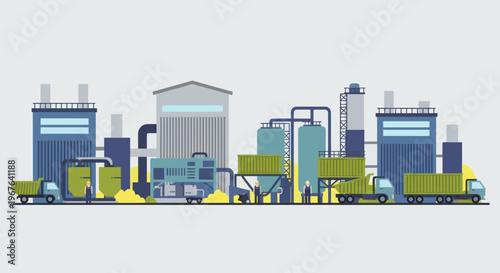Industrial factory complex with trucks for manufacturing and logistics.