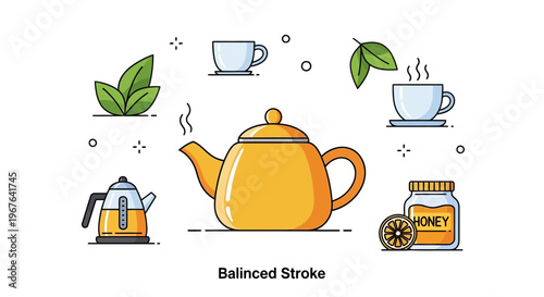 Teapot with honey and tea elements.