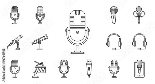 Various types of microphones and headsets.