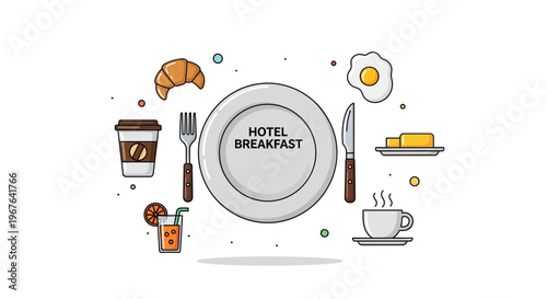 Hotel Breakfast Food and Drink Items.