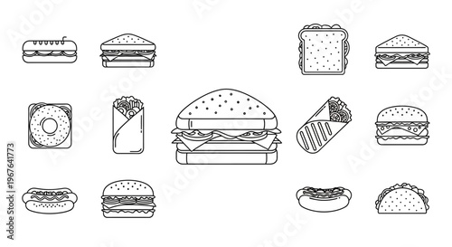 Variety of burgers and sandwiches.