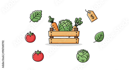 Fresh vegetables in a wooden crate.