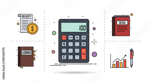 Calculator with financial documents and graphs.
