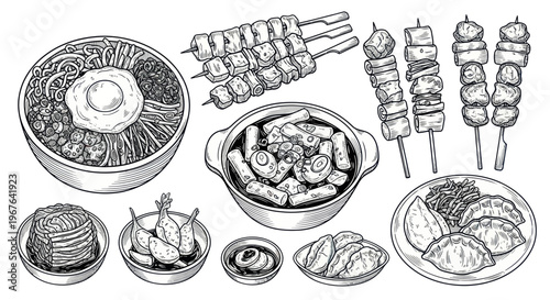 Korean Food Illustration: Bibimbap, Skewers, Tteokbokki, Dumplings, Kimchi, and More
