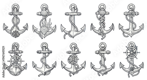 Nautical Anchors Collection: Vintage Marine Symbols with Ropes and Helm