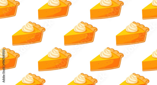 Seamless Pattern of Pumpkin Pie Slices with Whipped Cream on White Background