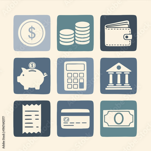 Finance icons on colored background.