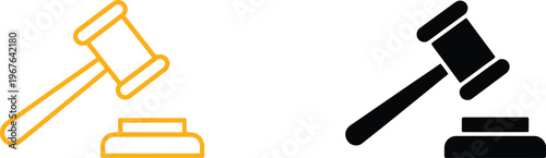 Justice gavel icon set showing auction and law symbols for courtroom and legal bidding proceedings