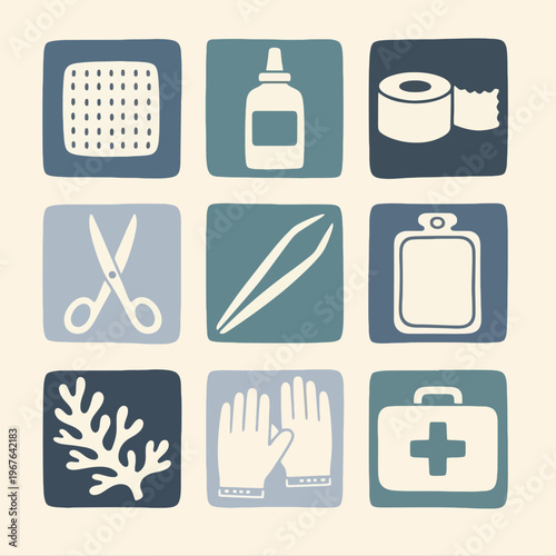 First aid kit medical supplies icons.