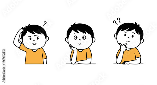 Three cartoon boys thinking and confused with question marks above their heads.