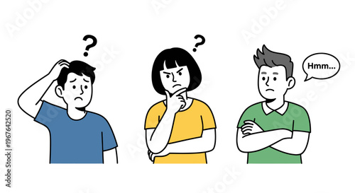 Three diverse individuals pondering and looking confused with question marks.
