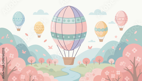 Charming spring landscape illustration with pastel hot air balloons gracefully soaring over blooming cherry blossom trees, gentle hills, and a serene winding river