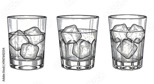 Three glasses of water with ice cubes hand drawn sketch.