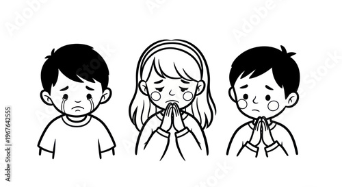 Three Sad Children Crying and Praying Together.