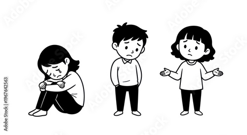 Three sad children expressing various emotions of distress.