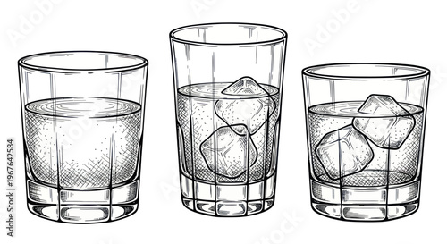 Three glasses of water with ice cubes hand drawn sketch.