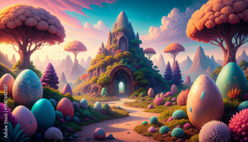 Enchanting Easter eggs scattered across a whimsical, vibrant fantasy landscape with a fairytale castle nestled amongst surreal trees and rolling hills