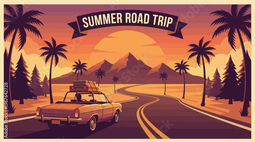 Embark on an unforgettable summer road trip adventure, with scenic views of mountains, palm trees, and a classic car packed for a journey on a winding road at sunset
