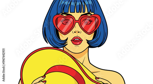 Pop Art Woman with Heart Sunglasses and Yellow Hat, Retro Comic Style