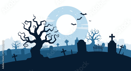 Spooky Halloween Cemetery at Night with Full Moon and Bats