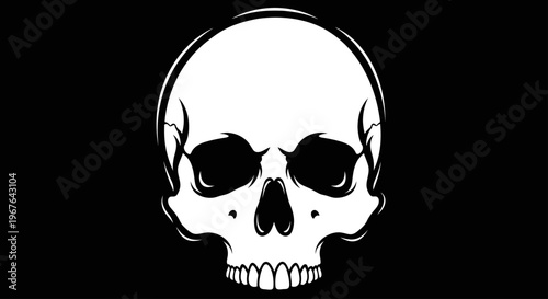 White Human Skull Illustration on Black Background.