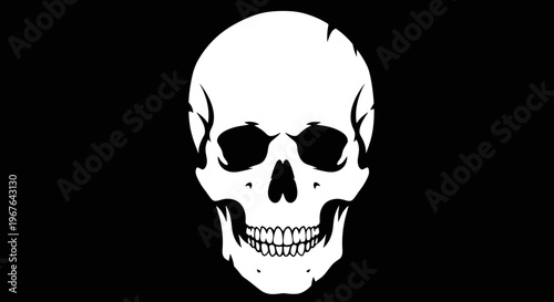 White Human Skull on Black Background Vector Illustration.