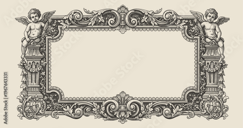 Vector vintage border frame engraving with retro ornament pattern in antique rococo victorian style decorative design