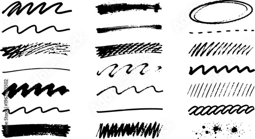 Beautiful crayon brushes, rough underlines, and hand-drawn line strokes set. Set of rough charcoal and crayon underlines, straight strokes, squiggles, and scribbles. Transparent EPS version.