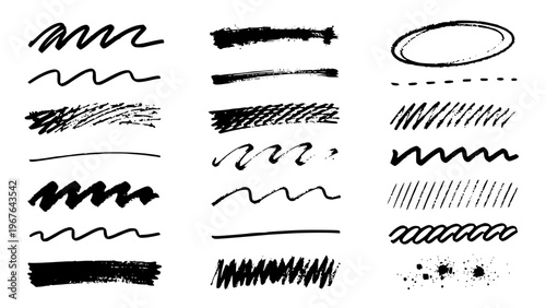 Beautiful crayon brushes, rough underlines, and hand-drawn line strokes set. Set of rough charcoal and crayon underlines, straight strokes, squiggles, and scribbles. Transparent SVG version.