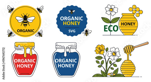 Organic Honey Labels, Jars, and Bees - Vector Icons Set