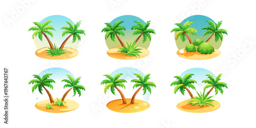 Tropical palm tree island summer cartoon icon set vector.