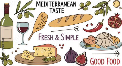 Fresh Mediterranean Food Cuisine Kitchen, Illustration Doodle Cartoon Collection