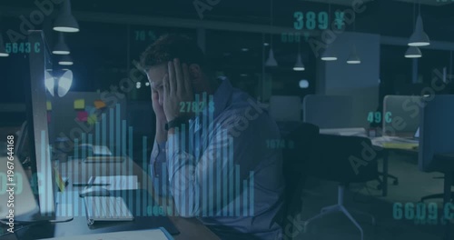 Animation of financial data processing over caucasian businessman with computer in office