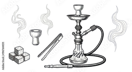 Hookah Pipe and Accessories Hand Drawn Sketch - Shisha Smoking Set with Charcoal and Tongs