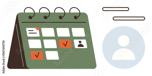Scheduling, task management, planning, productivity tools, organization, personal appointments. Green calendar with checkmarks and a user icon. Scheduling and task management concept
