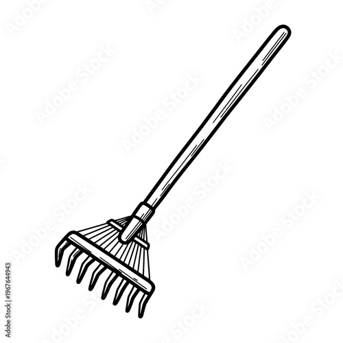 Hand-drawn Garden Rake Illustration - Black and White Line Art Sketch of a Classic Yard Tool for Gardening and Landscaping