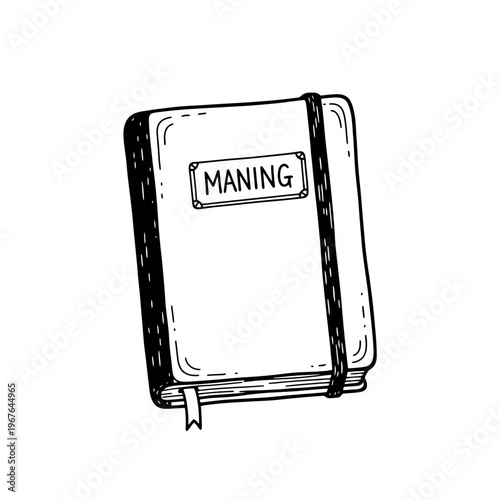 Hand-Drawn Minimalist Notebook Icon Vector. Black and White Doodle Sketch of a Journal or Planner with Elastic Band and Bookmark for Creative Writing and Organization.