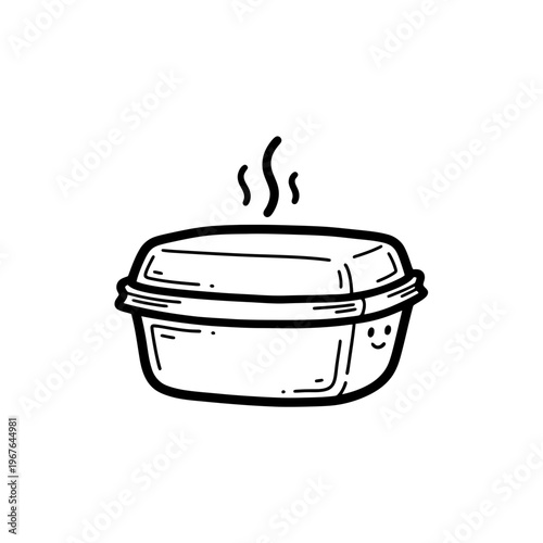 Cute Hand-Drawn Food Container Illustration with Smiley Face and Steam, Minimalist Takeout Box Doodle Icon, Vector Line Art for Meal Prep and Food Delivery