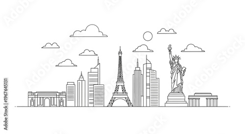 City skyline with famous landmarks.