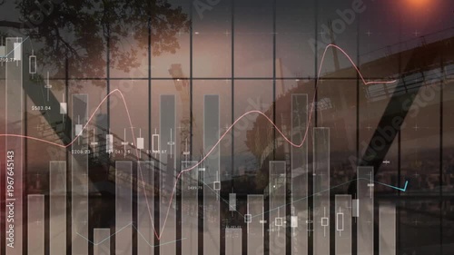 Animation of financial data processing over construction site