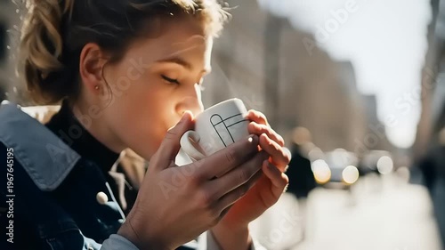 Woman drinking coffee on city street.