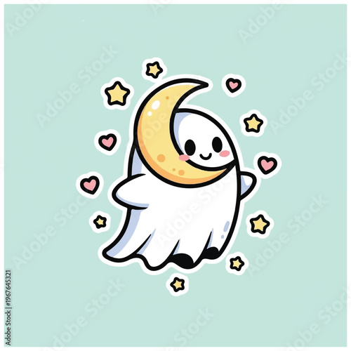 Cute Cartoon Ghost with Crescent Moon.