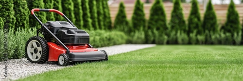 Red lawn mower parked on a gravel path next to freshly cut green grass, with evergreens in the background