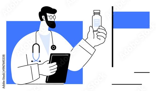 Healthcare, telemedicine, pharmacy, medical consultation, medication, online services. A doctor holds a medicine bottle and tablet against a minimal design background. Healthcare and telemedicine
