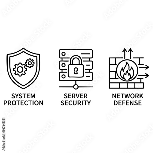 Vector graphic illustration depicting essential cybersecurity concepts including system protection, server security, and network defense measures for digital safety.