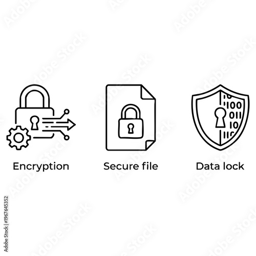 Digital security and data protection vector illustration featuring encryption, secure file management, and data lock icons for cyber safety.